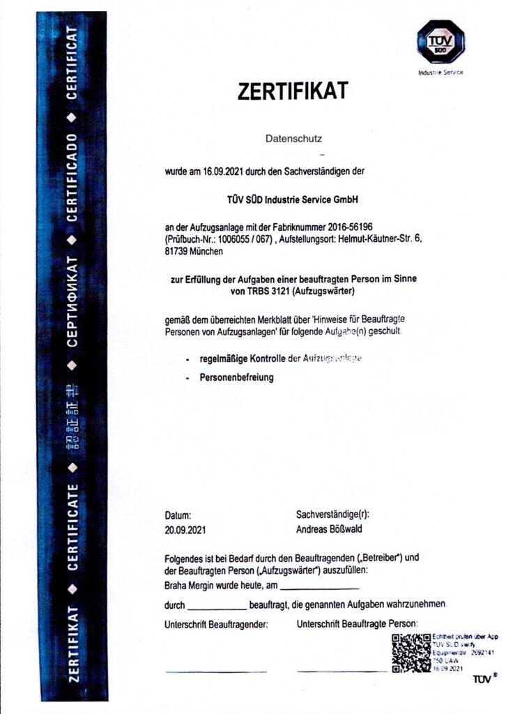 Zertifikat Friedensengel Objektbetreuung Objektbetreuung